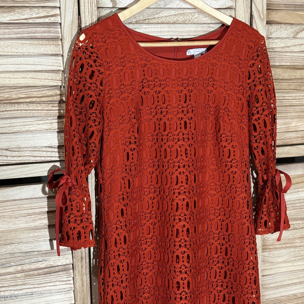 CB Established 1962 Lace Shift Dress 8 Orange Red Flare Sleeve Ribbon Tie EUC
